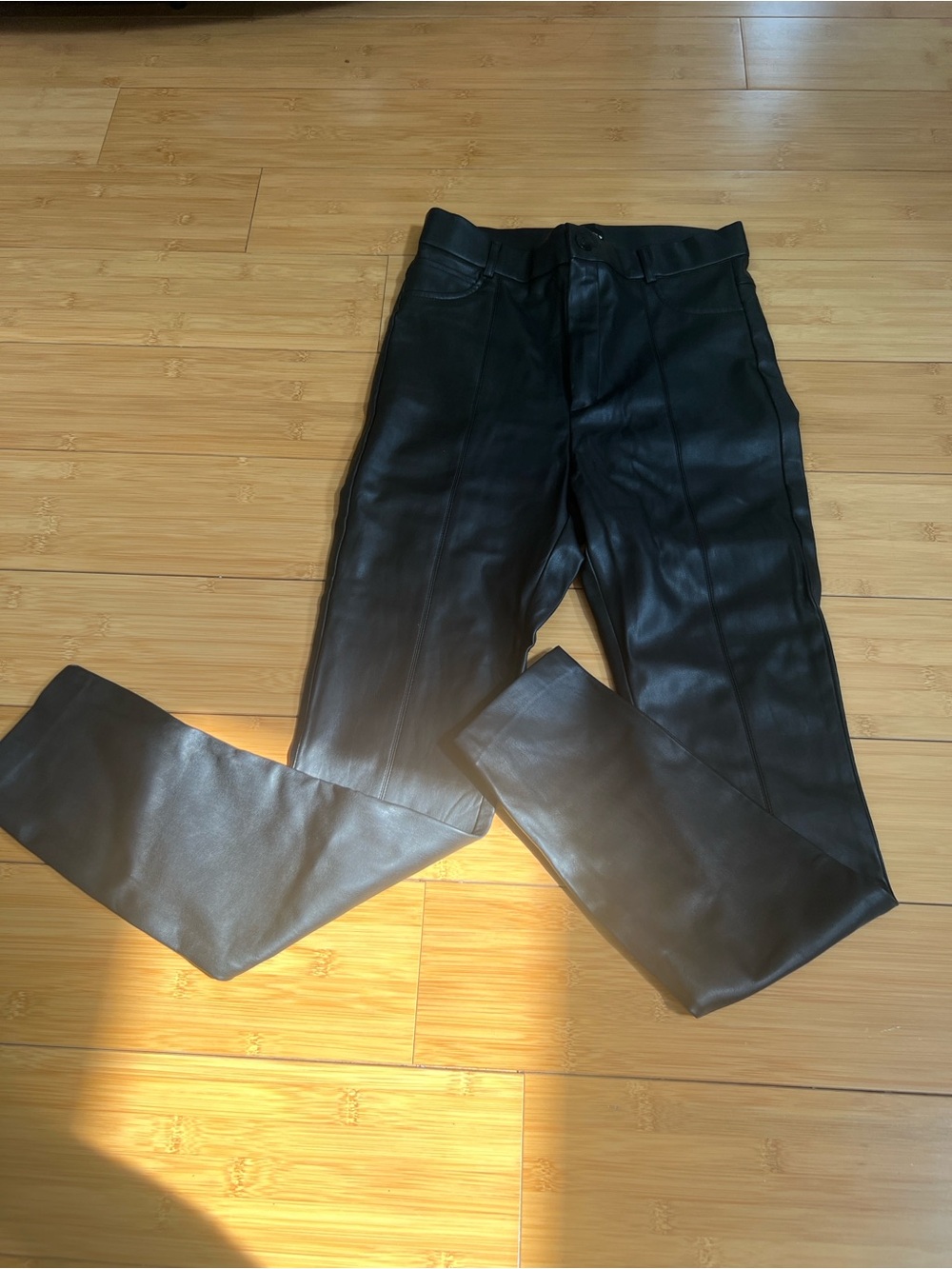Zara Black Faux Leather Straight Leg Seam Pants Womens Size M Medium High Rise